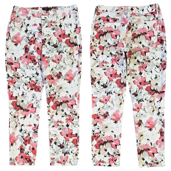 NYDJ White Red Floral Print Ankle Jeans Lift Tuck Stretch Bloomcore Romantic - Picture 1 of 9